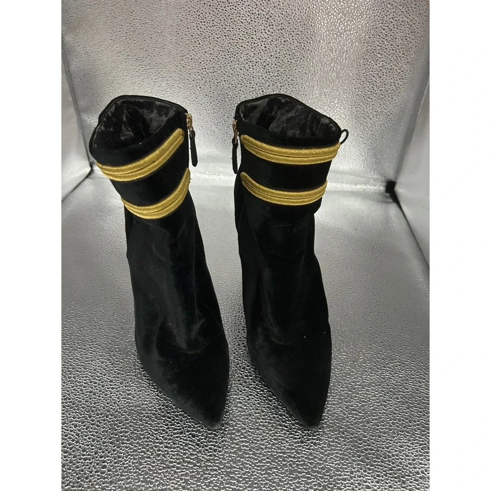 Black Velvet Ankle‎ Boots Gold Military Trim Pointed Toe Stiletto Heel Booties